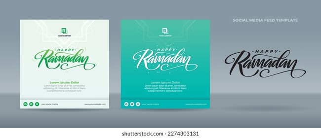 Handwritten Happy Ramadan greetings on blue green and light green and mandala ornament background - Flat design template for social media feed post