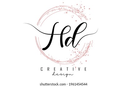 Handwritten HD H D letter logo with sparkling circles with pink glitter. Decorative vector illustration with H and D letters.