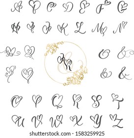 Handwritten Heart Calligraphy Monogram Alphabet. Valentine Cursive Font With Flourishes Heart Font. Cute Isolated Letters. For Postcard Or Poster Decorative Graphic Design