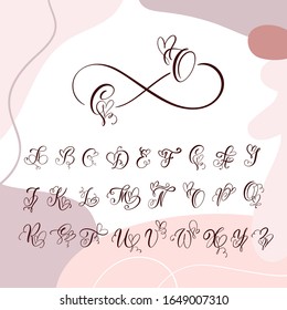 Handwritten heart calligraphy monogram alphabet. Valentine Cursive font with flourishes heart font. Cute Isolated letters. For postcard or poster decorative graphic design.