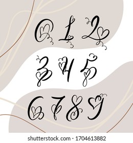 Handwritten Heart Calligraphy Monogram Numbers. Valentine Cursive Font With Flourishes Heart Font. Isolated Numbers For Wedding, Decorative Graphic Design.