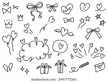 Handwritten hearts, ribbons and speech bubbles (bumpy line), vector illustration