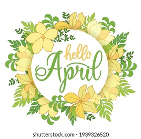 Handgeschriebene, hallo-april-Nachricht, Schriftsatz. April Willkommensangebot mit Farbblättern . Modernes Schriftstück. Hallo April Design für Karten, Banner, Poster.