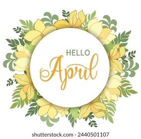 Escrito a mano, hola abril, mensaje de letras. Cita de bienvenida de abril con hojas . Letras modernas. Hola diseño de abril para tarjetas, banners, carteles.