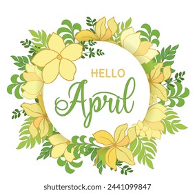 Handgeschrieben, hallo April, Schriftzug Nachricht. April Begrüßungszitat mit Blättern . Moderner Schriftzug. Hallo April Design für Karten, Banner, Poster.