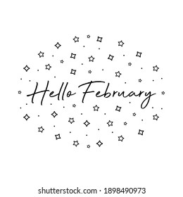 Handwritten Hello February Text On White Background With Stars . Beautiful Card Vector