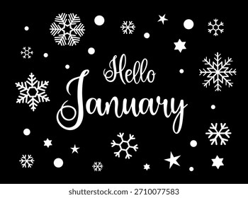 Handwritten, hello January, lettering message. December welcome quote. Modern lettering. Design for cards, banners, posters.	