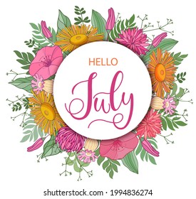 Escrito a mano, july, mensaje con letras. Cita de bienvenida de julio con hojas de color. Letras modernas. Diseño para tarjetas, carteles, afiches.