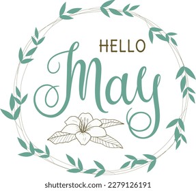 Escrito a mano, hola Mayo, mensaje con letras. Letras modernas. Hola Mayo diseño para tarjetas, carteles, afiches.