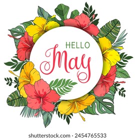 Handwritten, hello May, lettering message. Modern lettering. Hello May design for cards, banners, posters.