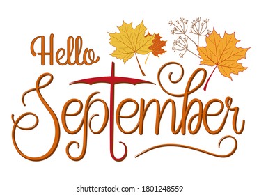 Handwritten, hello september, lettering message. Autumn welcome quote with color leaves background. Modern lettering. Hello September design for cards, banners, posters.