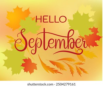 Handwritten, hello september, lettering message. Autumn welcome quote with color leaves background. Modern lettering. Hello September design for cards, banners, posters.
