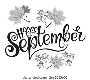 Handwritten, hello september, lettering message. Autumn welcome quote background. Modern lettering. Hello September design for cards, banners, posters.
