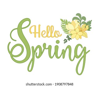 Handwritten, hello spring, lettering message. Spring welcome quote with color leaves . Modern lettering. Hello Spring design for cards, banners, posters.