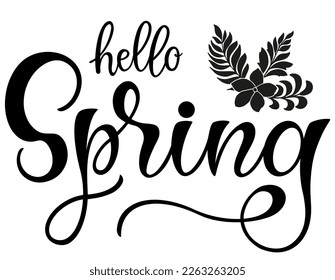 Handwritten, hello spring, lettering message. Spring welcome quote with color leaves . Modern lettering. Hello Spring design for cards, banners
