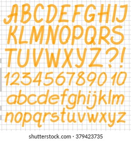 Handwritten highlighter alphabet - letters, numbers and symbols. Optimized for one click color changes. Transparent colors EPS10 vector.