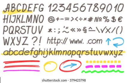 Handwritten highlighter alphabet - letters, numbers and symbols. Optimized for one click color changes. Transparent colors EPS10 vector.