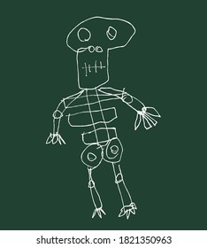 Child’s handwritten human bone skeleton illustration blackboard background