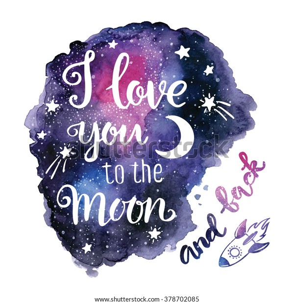手書きの お月さまとお戻りのバレンタイン デー カードに愛している 手描きの水彩空間テクスチャーを持つ現代の書道 手描きのロケット 星 月 のベクター画像素材 ロイヤリティフリー