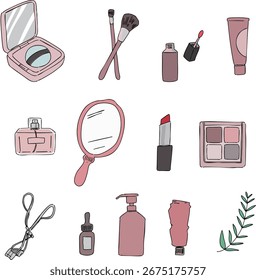Conjunto de iconos escritos a mano de cosméticos, maquillaje y productos para el cuidado de la piel