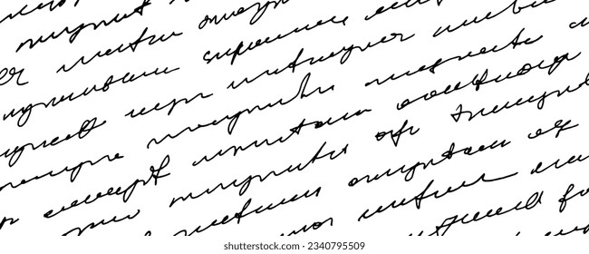 El vector de texto diagonal manuscrito no es transparente. Texto escrito a mano en pluma cursiva. Fondo de escritura abstracta, letra ilegible, escritura monocroma. Poesía ilegible patrón sin fisuras.