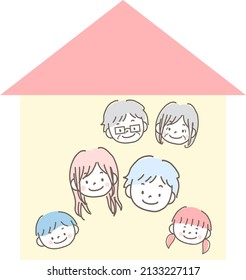 A handwritten illustration of an image of a family living together for three generations. Image of a family living with parents and grandchildren in the house