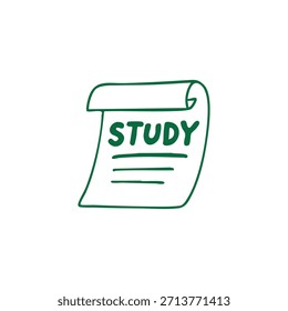 Eine handschriftliche Illustration einer Schriftrolle mit dem Wort Studie darauf geschrieben.