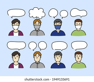 Handwritten illustration of a talking man. Several men are speaking face-to-face. Men with face masks and men without face masks.