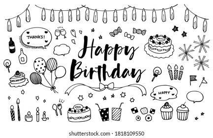 Handwritten illustrations of birthday items