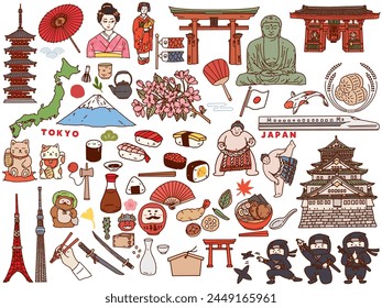 Handwritten illustrations of Japan.
East Asia, Travel, Culture, Tourism.