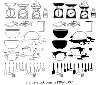 Handwritten illustrations of kitchen utensils. Line drawings.