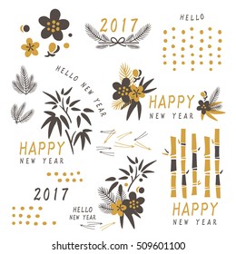 Handwritten illustrations set of New Year's traditional pattern of Japan