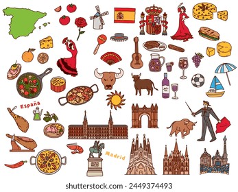 Handwritten illustrations in Spain.Paella, Ahijo, Europe, Travel, Culture and Tourism.