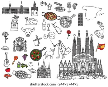 Handwritten illustrations in Spain.Paella, Ahijo, Europe, Travel, Culture and Tourism.