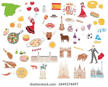 Handwritten illustrations in Spain.Paella, Ahijo, Europe, Travel, Culture and Tourism.