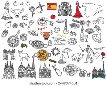 Handwritten illustrations in Spain.Paella, Ahijo, Europe, Travel, Culture and Tourism.