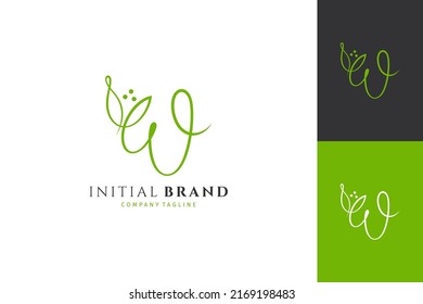 Handwritten initial letter W, simple signature vector logo with flower bud shape variation