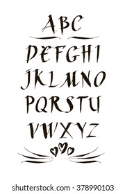 Handwritten ink calligraphic font. Modern brush lettering. Hand drawn alphabet. Abstract hand painted hearts. Vector