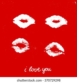 Handwritten ink lettering. Valentines Day modern brush calligraphy. Hand drawn design elements lips. I love you.