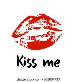 Handwritten ink lettering. Valentines Day modern brush calligraphy. Hand drawn design elements. Kiss me now 
