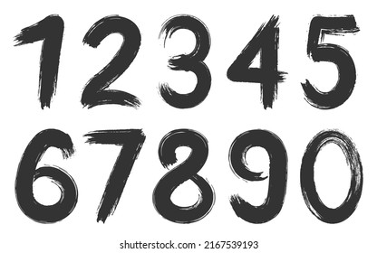 Handwritten ink number grunge black silhouette set. Modern caligraphic rubbed dirty smear typeface hipster paint dry typography numeral scrapbook sticker chalk texture graffiti education isolated