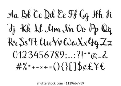 Handwritten ink script for for quotes, feminine logos, wedding and invitation, save the date cards, recipe. Regular font with letters, numbers and punctuation marks. Vector illustration.