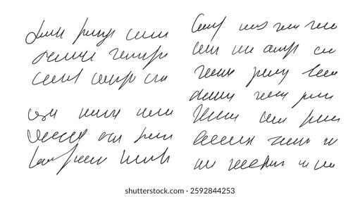 Handwritten ink stroke letter. Abstract freehand text note. Scribble fictional language isolated on white background. Illegible cursive script message. Vector hand drawn illustration.