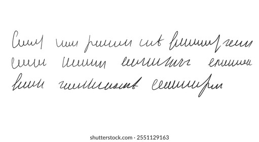 Handwritten ink stroke memo. Scribble fictional letter. Abstract freehand text note isolated on white background. Illegible cursive script message. Vector hand drawn illustration.