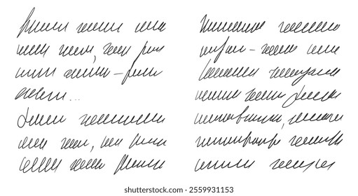 Handwritten ink stroke novel draft. Scribble fictional book manuscript. Abstract freehand text note isolated on white background. Illegible cursive script message. Vector hand drawn illustration.