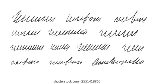 Handwritten ink stroke. Scribble fictional letter. Abstract freehand text note isolated on white background. Illegible cursive script message. Vector hand drawn illustration.