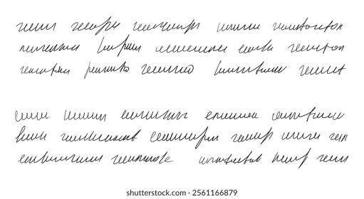 Handwritten ink stroke. Scribble fictional dairy letter. Abstract freehand text note isolated on white background. Illegible cursive script message. Vector hand drawn illustration.