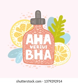 Handwritten inscription "AHA versus BHA" on glass packaging. Colorful background from oranges and leaves. Cosmetology, skin care, peeling. Illustration in doodle style.