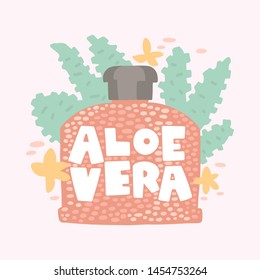 Handwritten inscription "aloe vera" on packaging. Colorful background from aloe vera plant, leaves and flowers. Cosmetology, skin care, treatment cream, cosmetics. Vector illustration in doodle style.