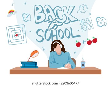 Handwritten inscription Back to School. Classroom with a student. The girl is writing an assignment. Books on the table. School desk. Letters with different patterns. Vector illustration in flat style